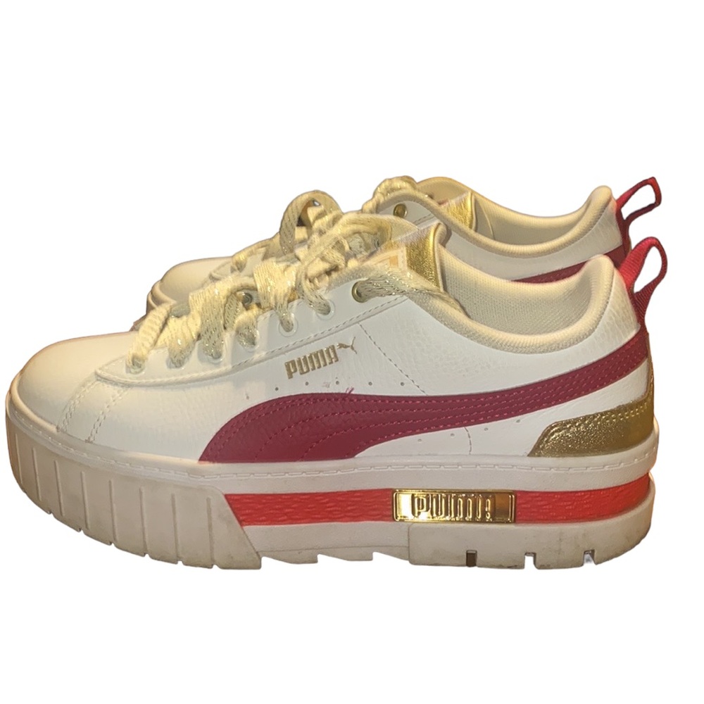 Puma Mayze LeatherWhite/Red/Gold Platform Shoes 7C